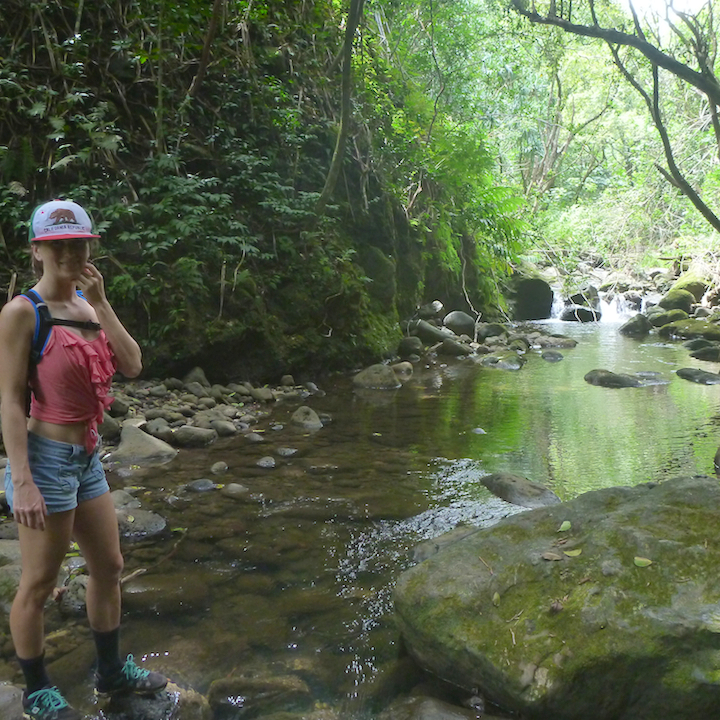 oahu, hawaii, hiking, stream, river, creek, crossing, girl, Koloa valley