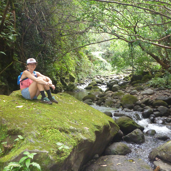 Koloa gulch, stream, river, creek, crossing, hike, girl, woman, chick, sitting on a rock