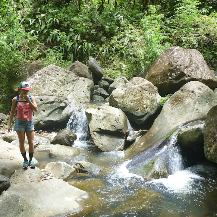 Koloa gulch, stream, river, creek, crossing, hike, girl, woman, chick, slippery rocks