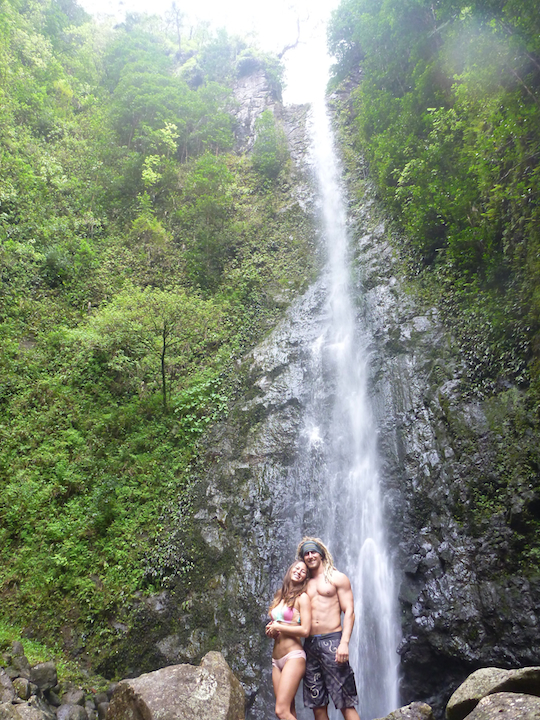 Koloa falls, left fork, Oahu, Hawaii, adventurous, explorer, cute, sexy couple, girl, chick, woman, guy, dude, man, bro, waterfall