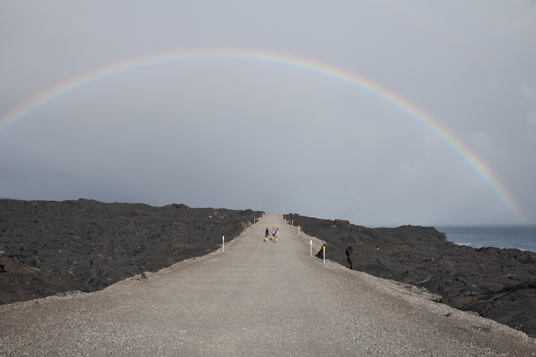 Hawaii, Big, Island, Lava, Flow, into, ocean, hike, trek, path, road, Kalapana, Volcanoes national park, eruption, trail, gravel, rainbow