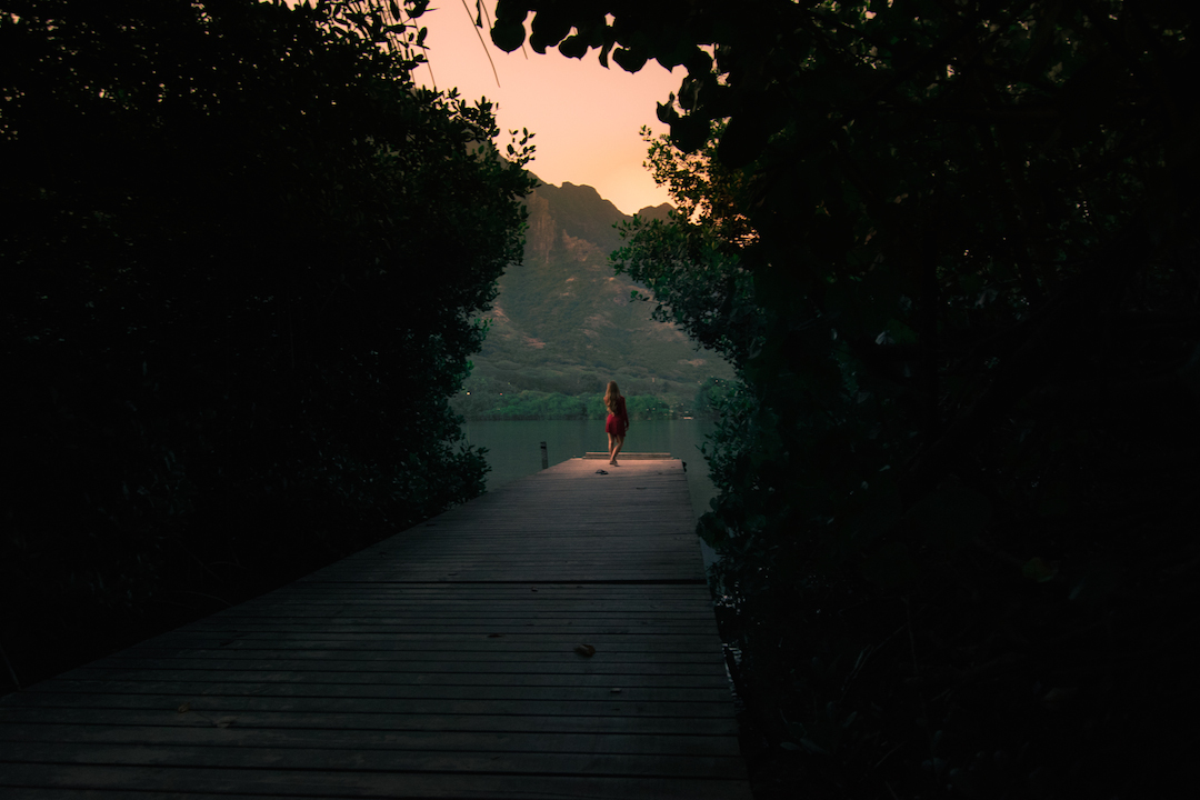 Oahu, Hawaii, red dress, secret, hidden, dock, island, beach