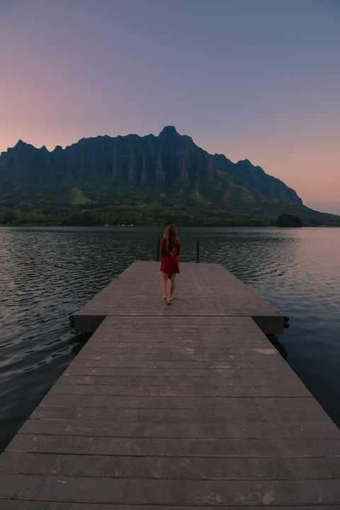 Oahu, Hawaii, Kaneohe, Bay, Windward, secret, hidden, beach, island, dock, red dress, nymph, woman, photography, sunset, fishpond, Apua, Molii