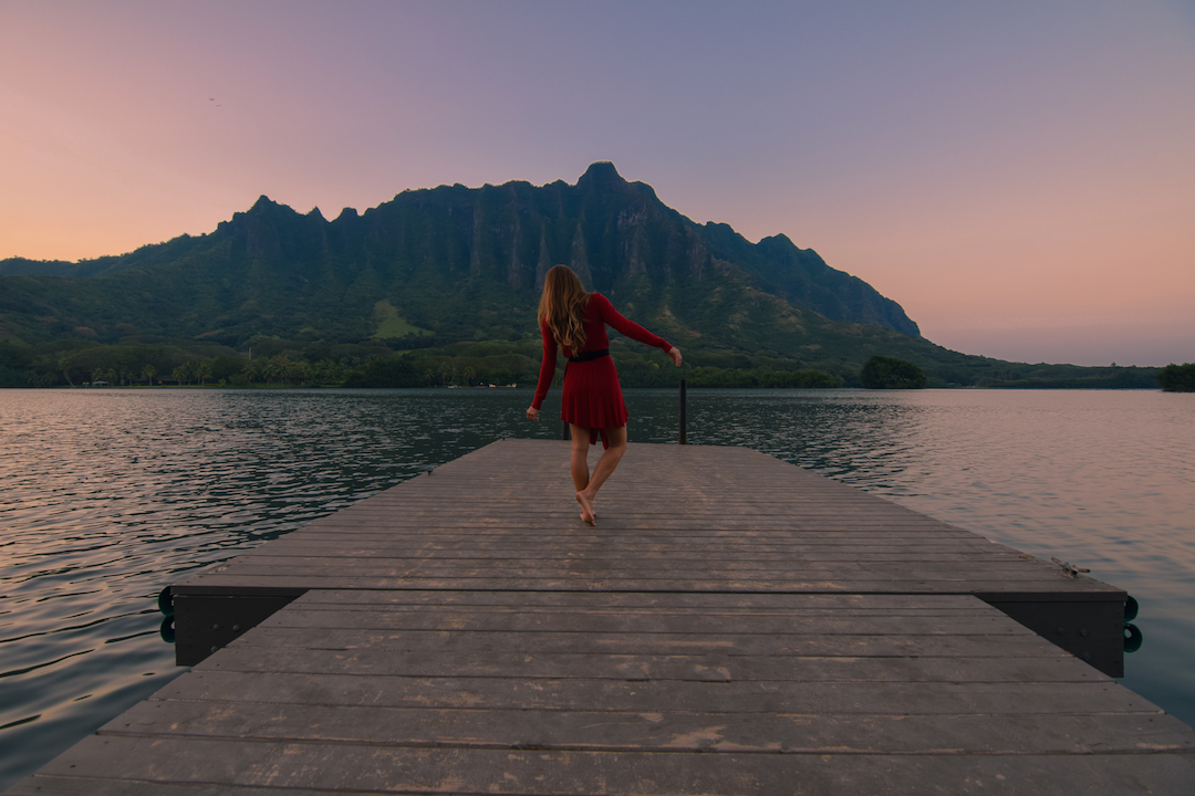 Oahu, Hawaii, Kaneohe, Bay, Windward, secret, hidden, beach, island, dock, red dress, nymph, woman, photography, sunset, fishpond, Apua, Molii, dancing