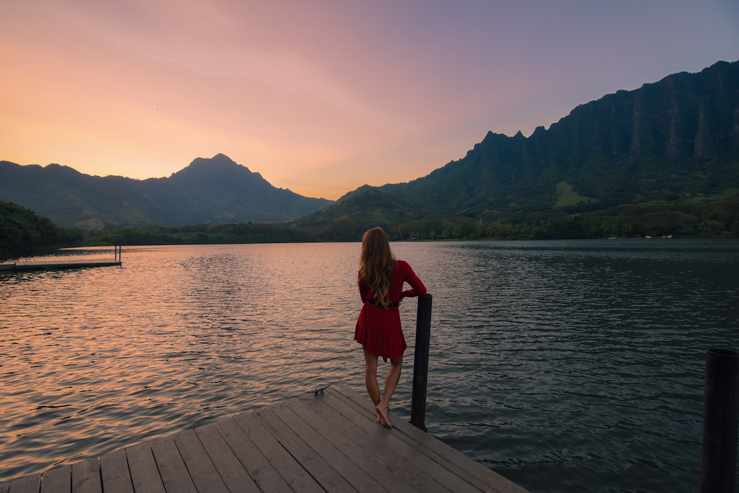 Oahu, Hawaii, Kaneohe, Bay, Windward, secret, hidden, beach, island, dock, red dress, nymph, woman, photography, sunset, fishpond, Apua, Molii