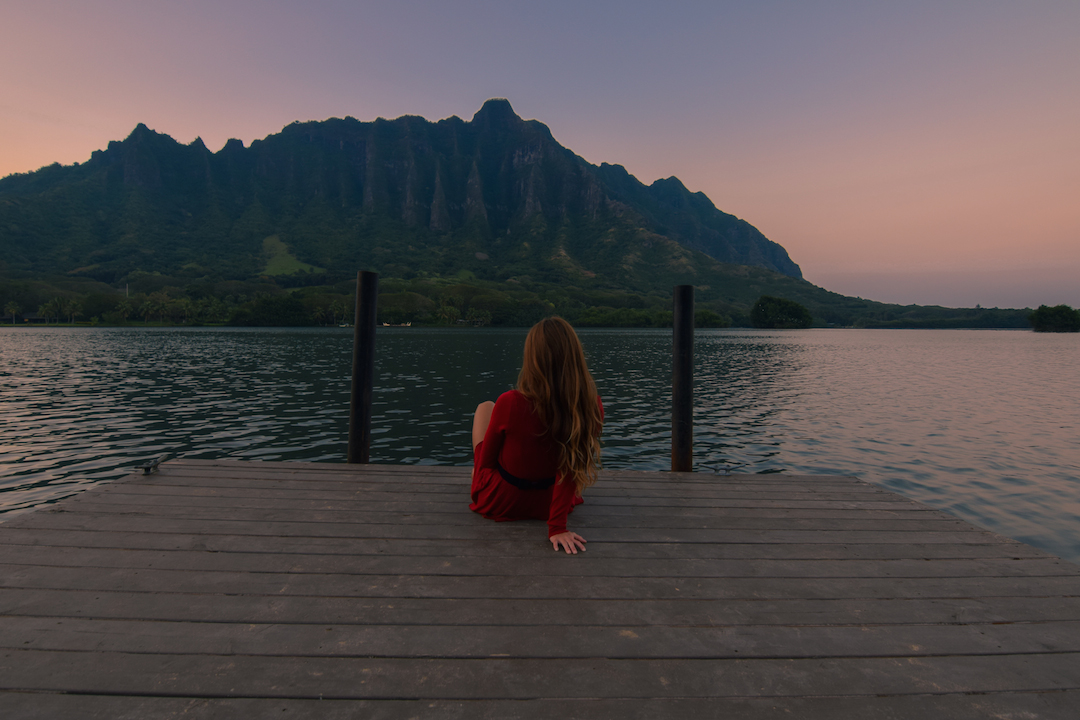 Oahu, Hawaii, Kaneohe, Bay, Windward, secret, hidden, beach, island, dock, red dress, nymph, woman, photography, sunset, fishpond, Apua, Molii, pondering, thinking, resting, contemplating