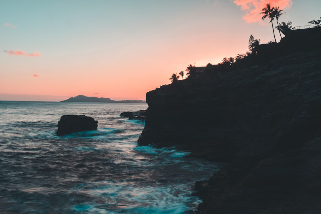 Hawaii, Oahu, Portlock, cliffs, sunset, Spitting cave, photography, orange, teal, photo, editing