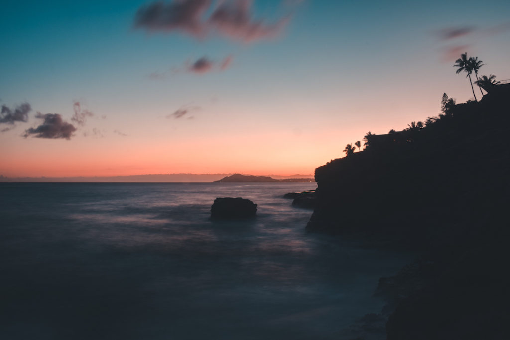 Hawaii, Oahu, Portlock, cliffs, sunset, Spitting cave, photography, orange, teal, photo, editing, long exposure