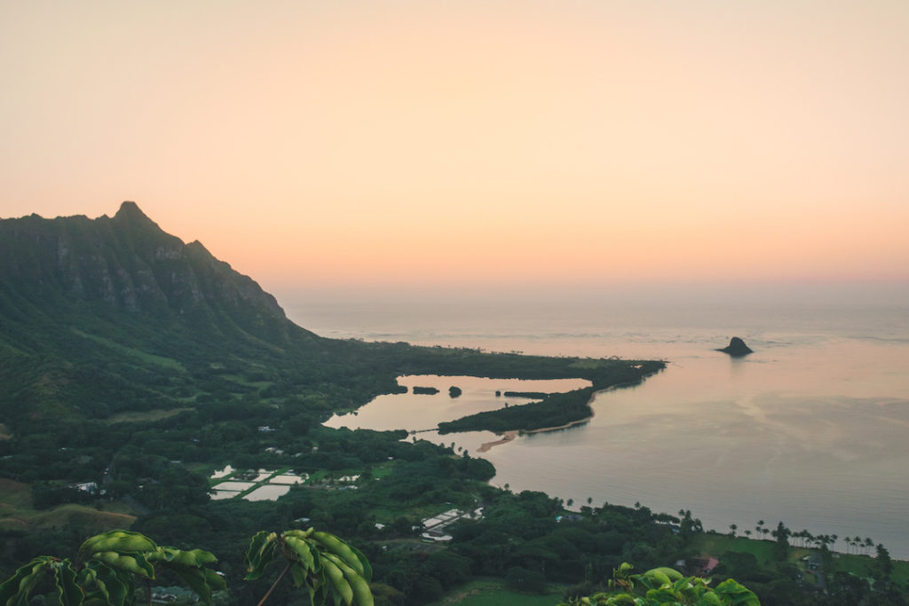 Oahu, hike, ridge, pride rock, Kaneohe, bay, Windward, Puu Ohulehule, chinaman's hat, Molii, fishpond, Kualoa ranch, aerial view, sunset